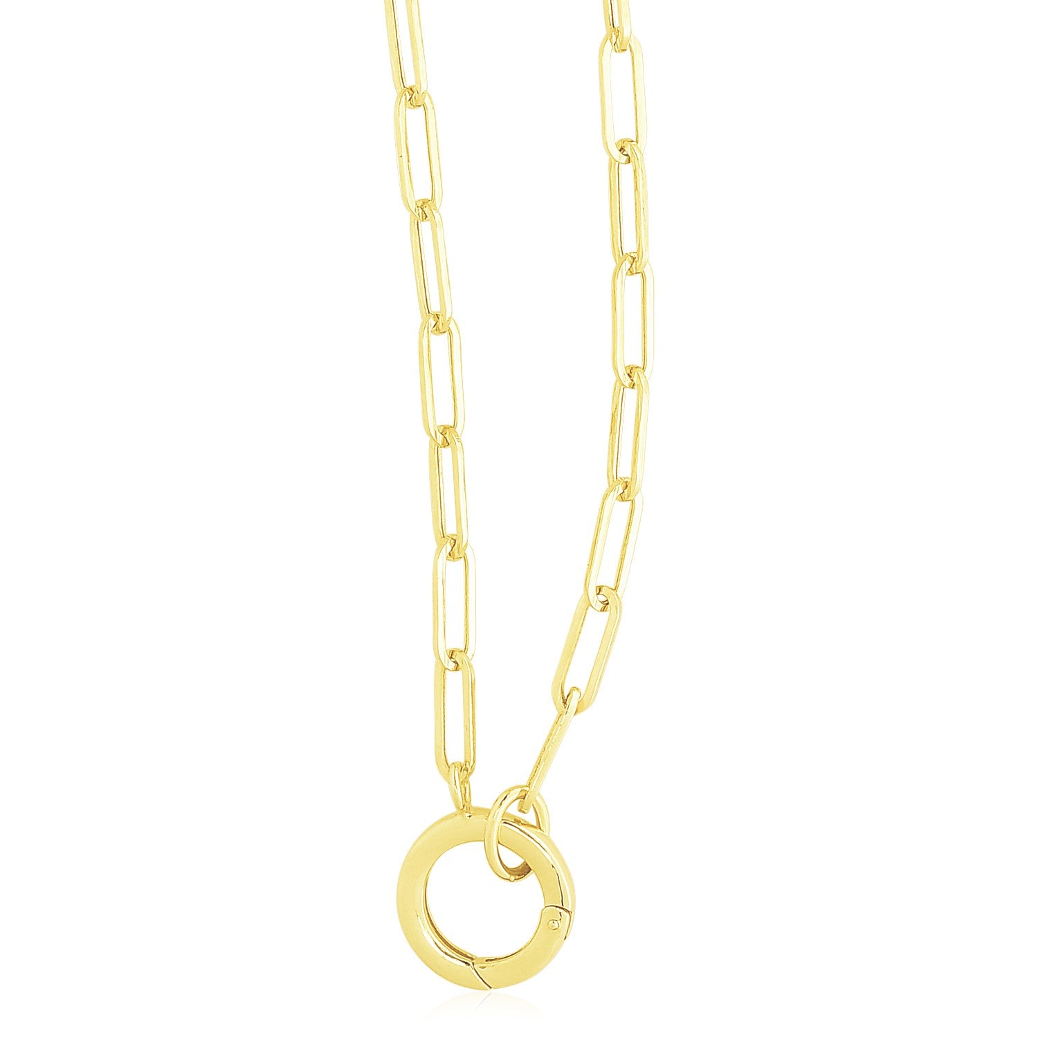 14k Yellow Gold High Polish The Invisible Paperclip Clasp Necklace in a sleek high-contrast midnight luxury editorial style